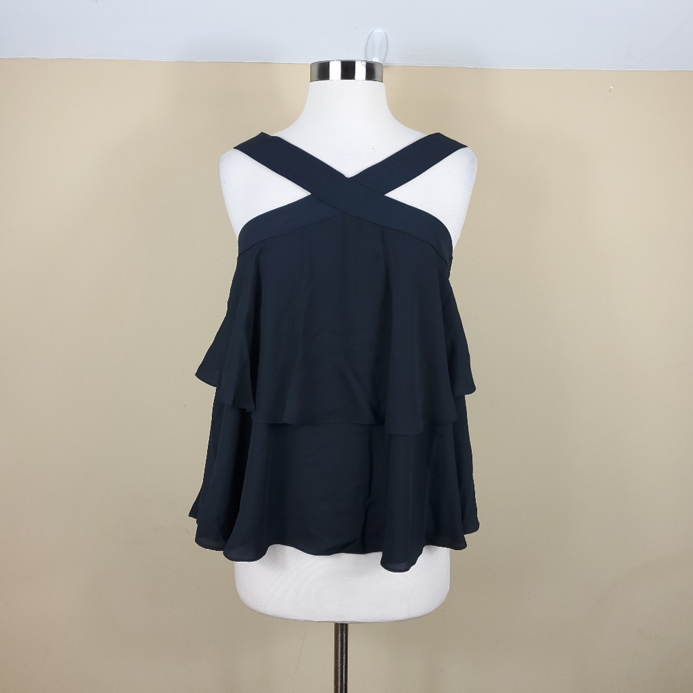 Aqua Black Cross-Back Ruffle Tiered Tank Top